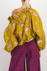 Voluminous grosgrain blouse with floral lace