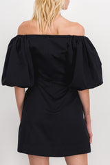 Drawstring mini dress with puff sleeves