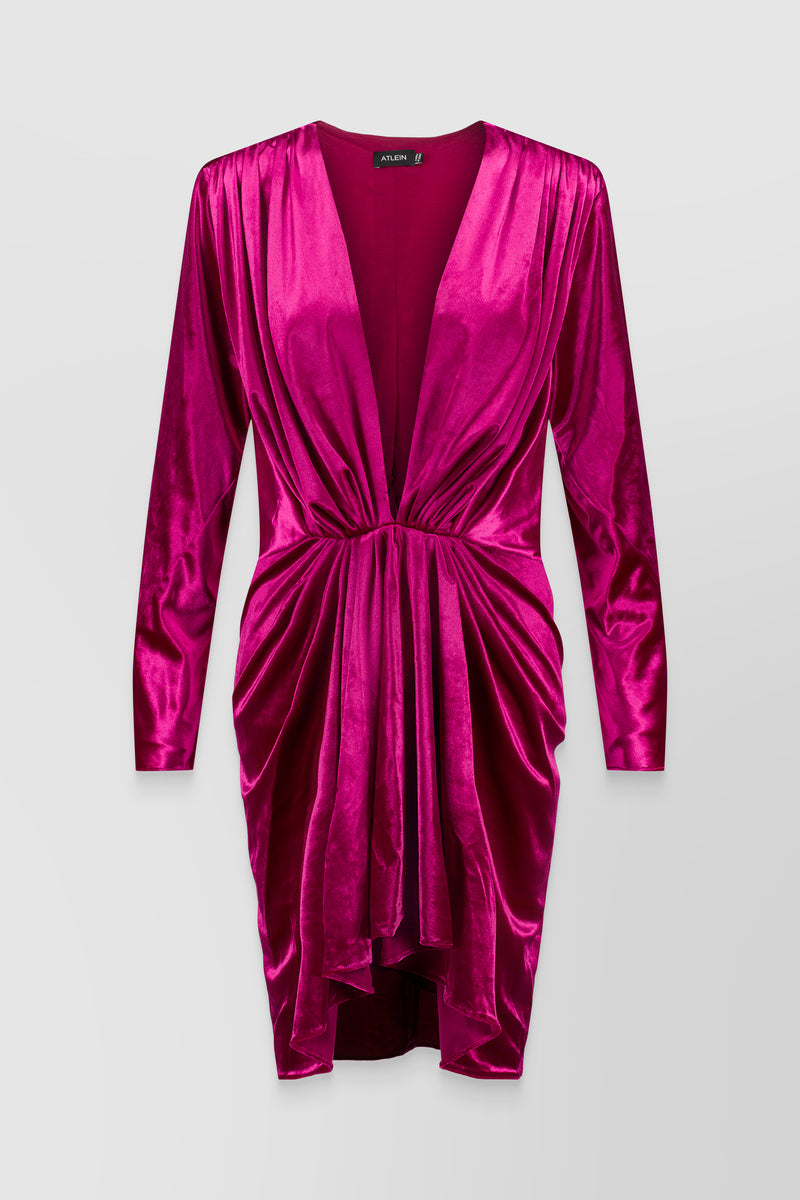 Atlein - Deep v neck long sleeve draped velvet mini dress