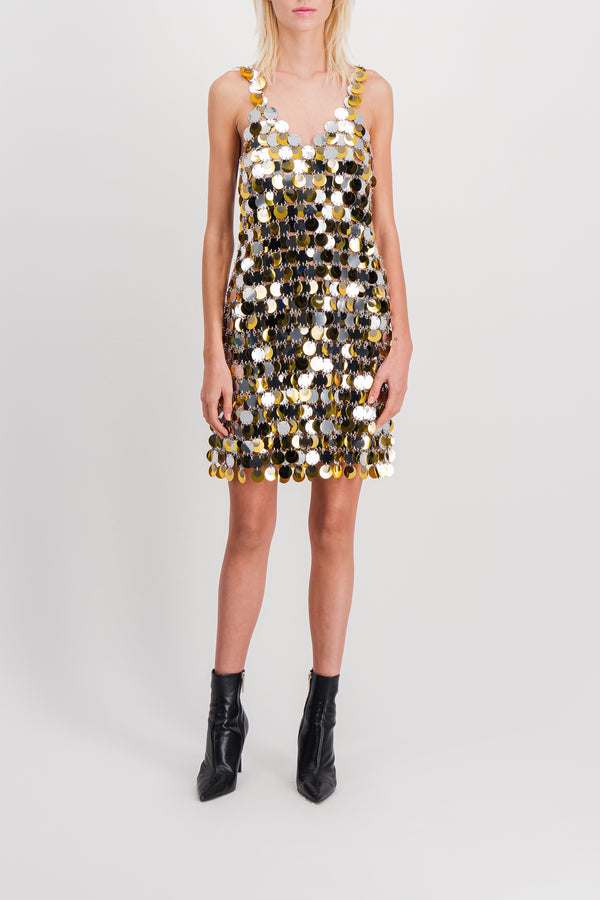Silver-gold sparkle v-neck mini dress