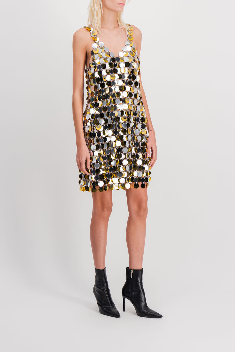 Paco Rabanne - Silver-gold sparkle v-neck mini dress