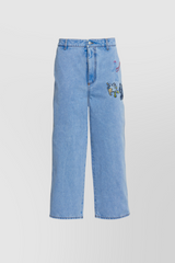 Wide-leg cropped light blue jeans with embroidered motifs