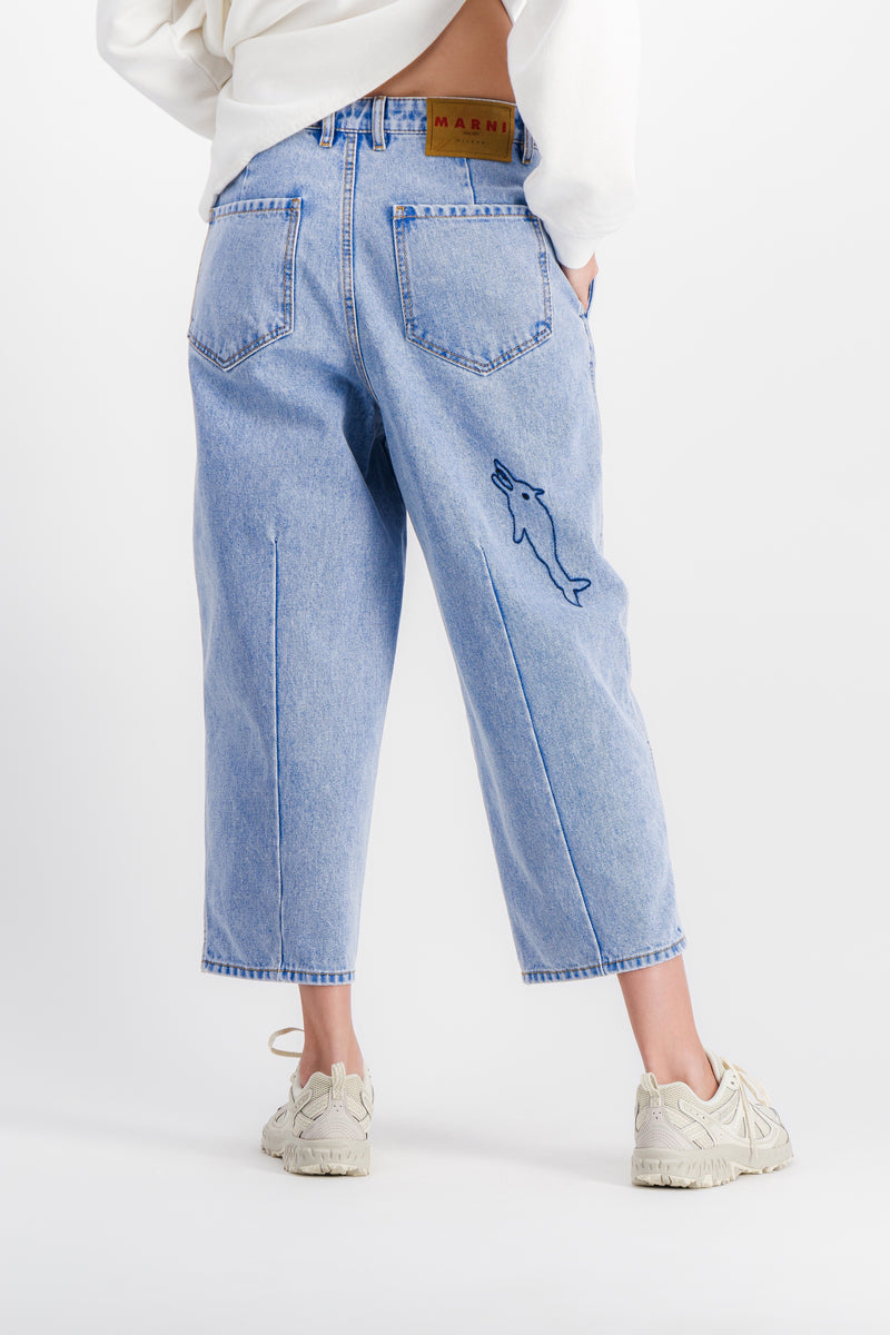 Marni - Wide-leg cropped light blue jeans with embroidered motifs