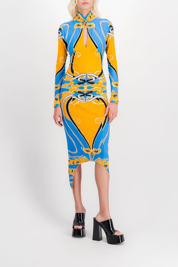 Printed cut out curve midi dress with long sleeves