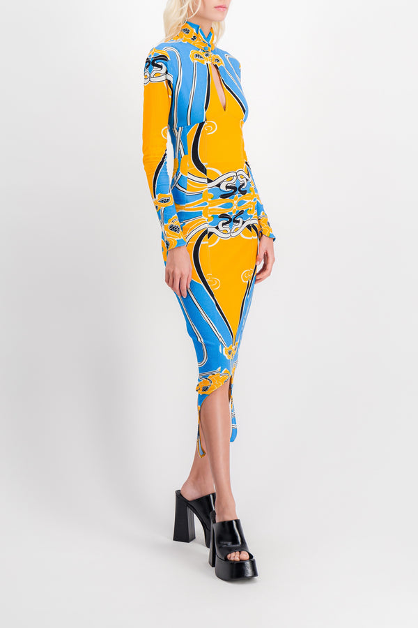 Printed cut out curve midi dress with long sleeves