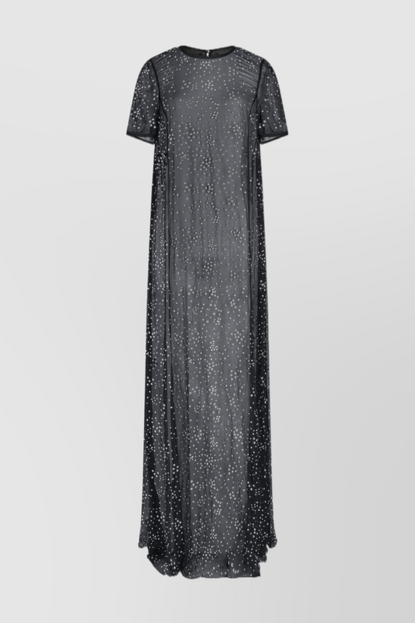 Transparent fluid maxi dress with short sleeve and sliver studs