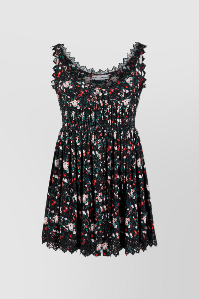 Paco Rabanne - Flower printed mini dress with elasticated waist and lace details