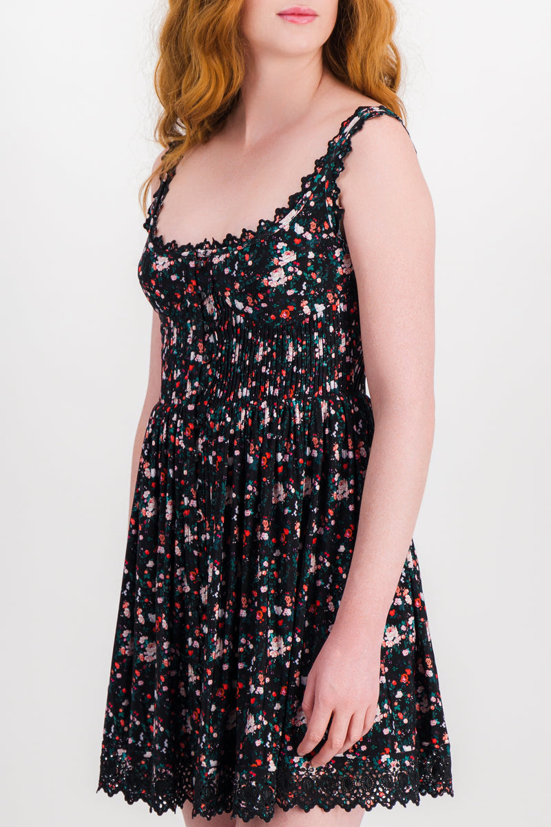 Paco Rabanne - Flower printed mini dress with elasticated waist and lace details
