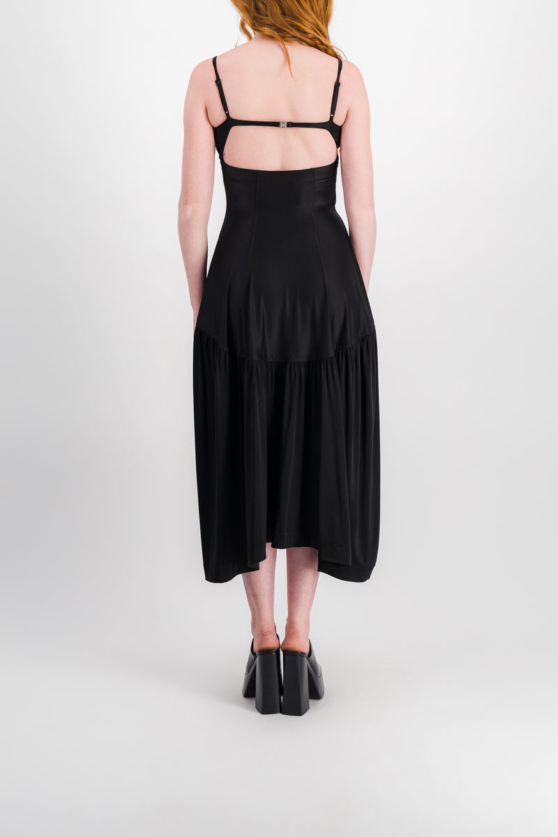 Paco Rabanne - Fluid satin midi dress with fluted skirt