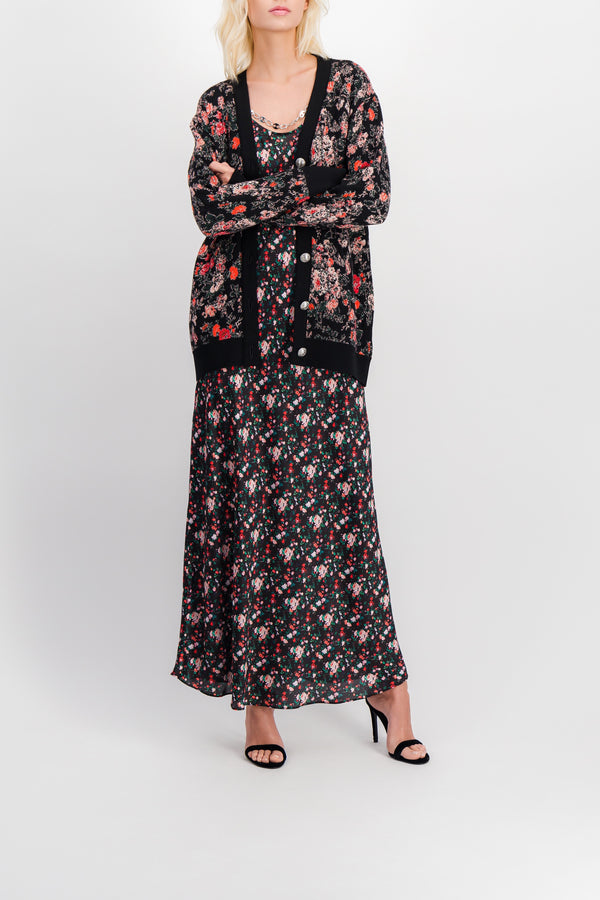 Loose v-neck knit jacquard flower cardigan