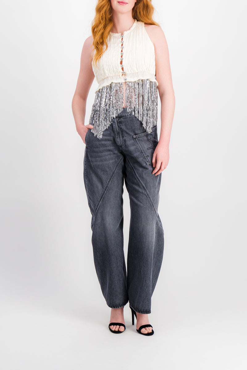 Paco Rabanne - Pleated satin mesh mix sleeveless crop top