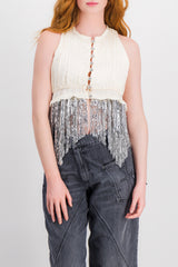 Pleated satin mesh mix sleeveless crop top