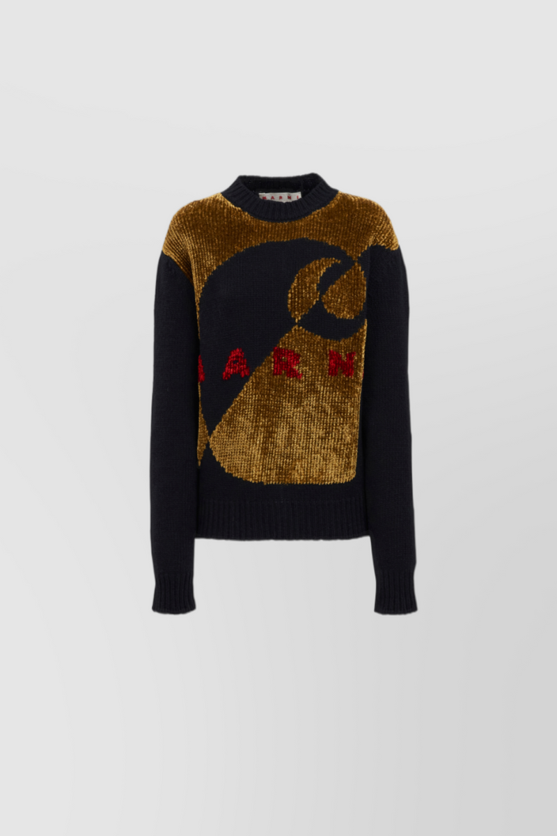 Marni - Round neck wool sweater with Carhartt print