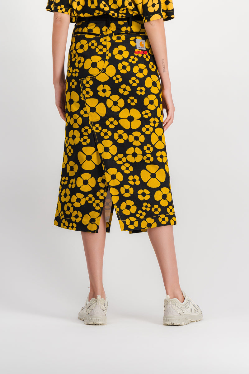 Marni - Yellow-black flower printed midi skirt with front slit