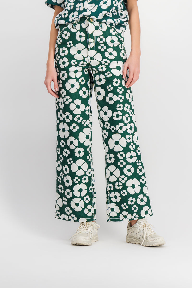 Marni - Flower printed green straight leg pants