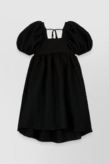Bandeau mini dress with puff sleeves and bow tied back