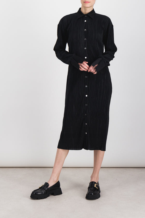Pleated recycled jersey satin longsleeved midi shirt dress