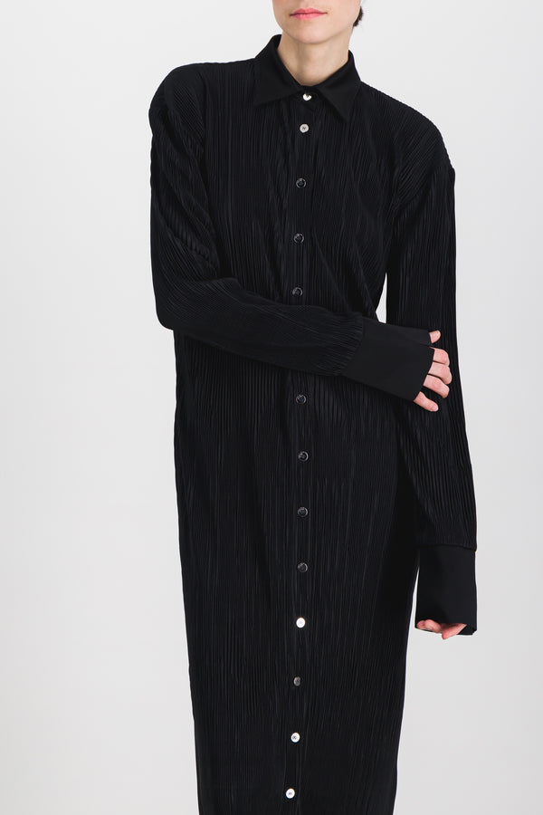 Pleated recycled jersey satin longsleeved midi shirt dress