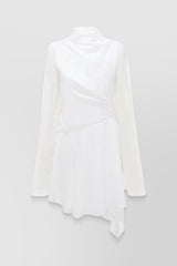 Fluid asymmetric dress with sheer trumpet sleeves
