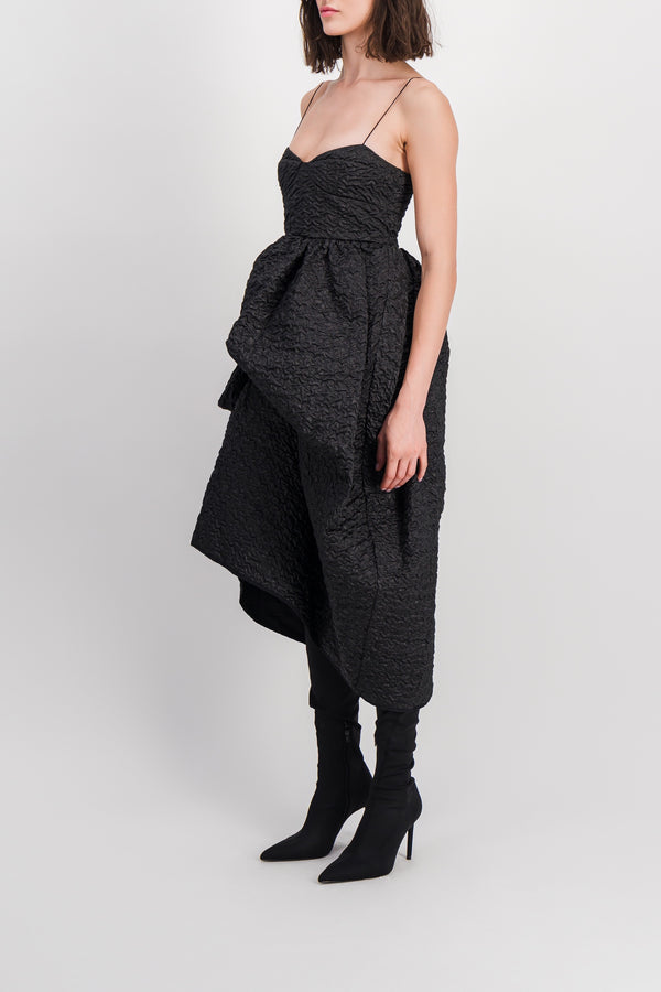 Bustier dress with asymmetrical skirt and bow